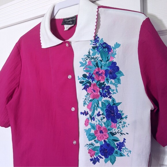 Vtg Women's Floral Shirt M Medium Pink Blue Flowers Color Block Blouse Art Pop - Picture 3 of 9